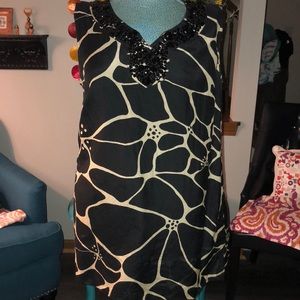 Alfani Black & brown print mini dress beaded neck